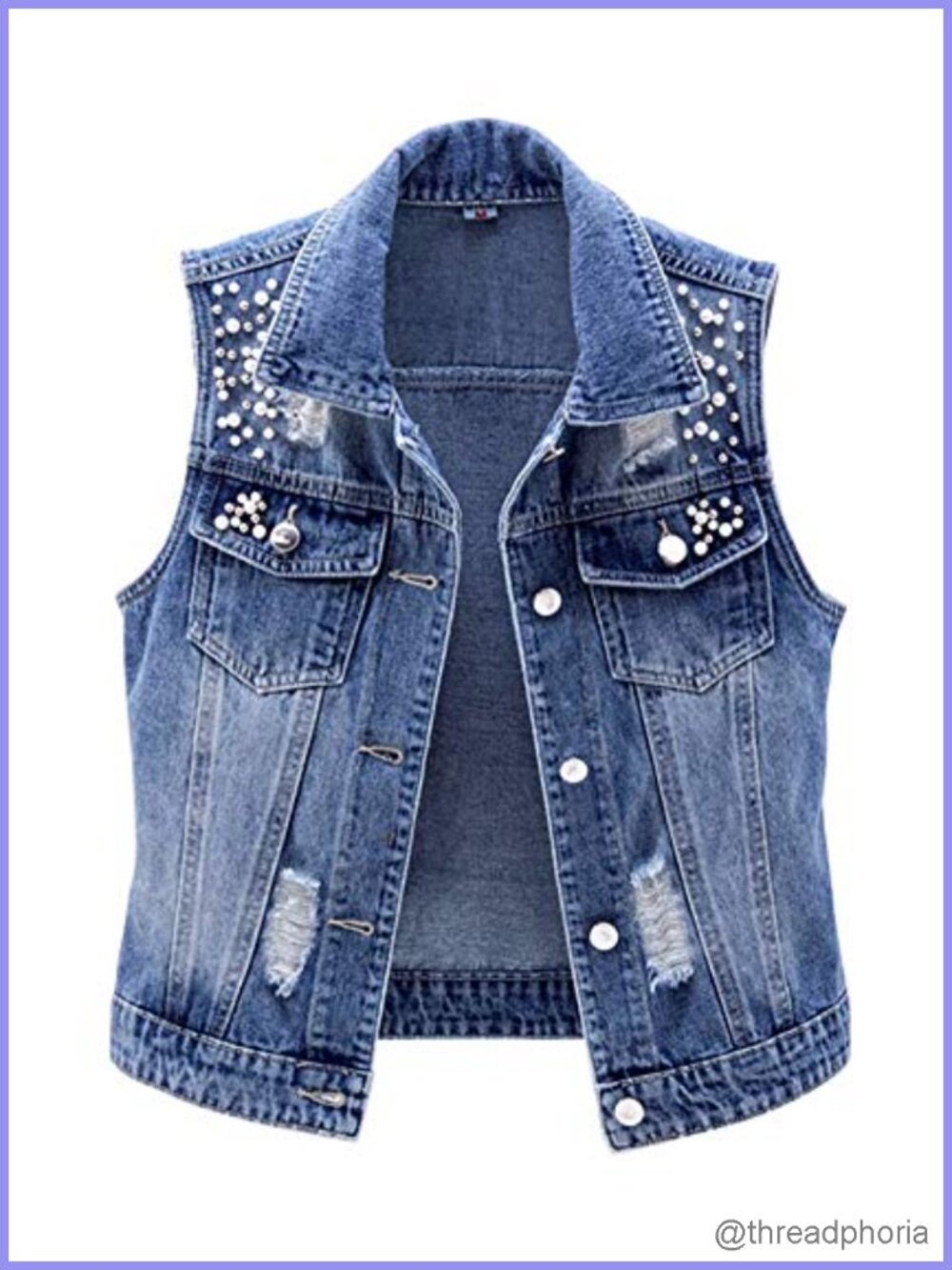 Sleeveless Denim Vest Jean Jacket with Pearls Button Front Women's